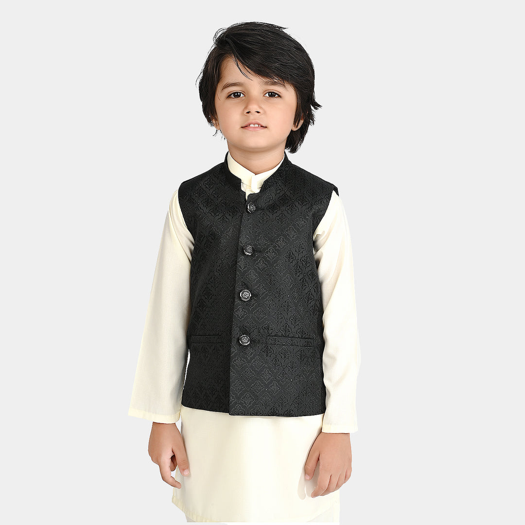 Boys Poly Viscose Waistcoat (Self Textured)-BLACK