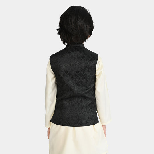 Boys Poly Viscose Waistcoat (Self Textured)-BLACK