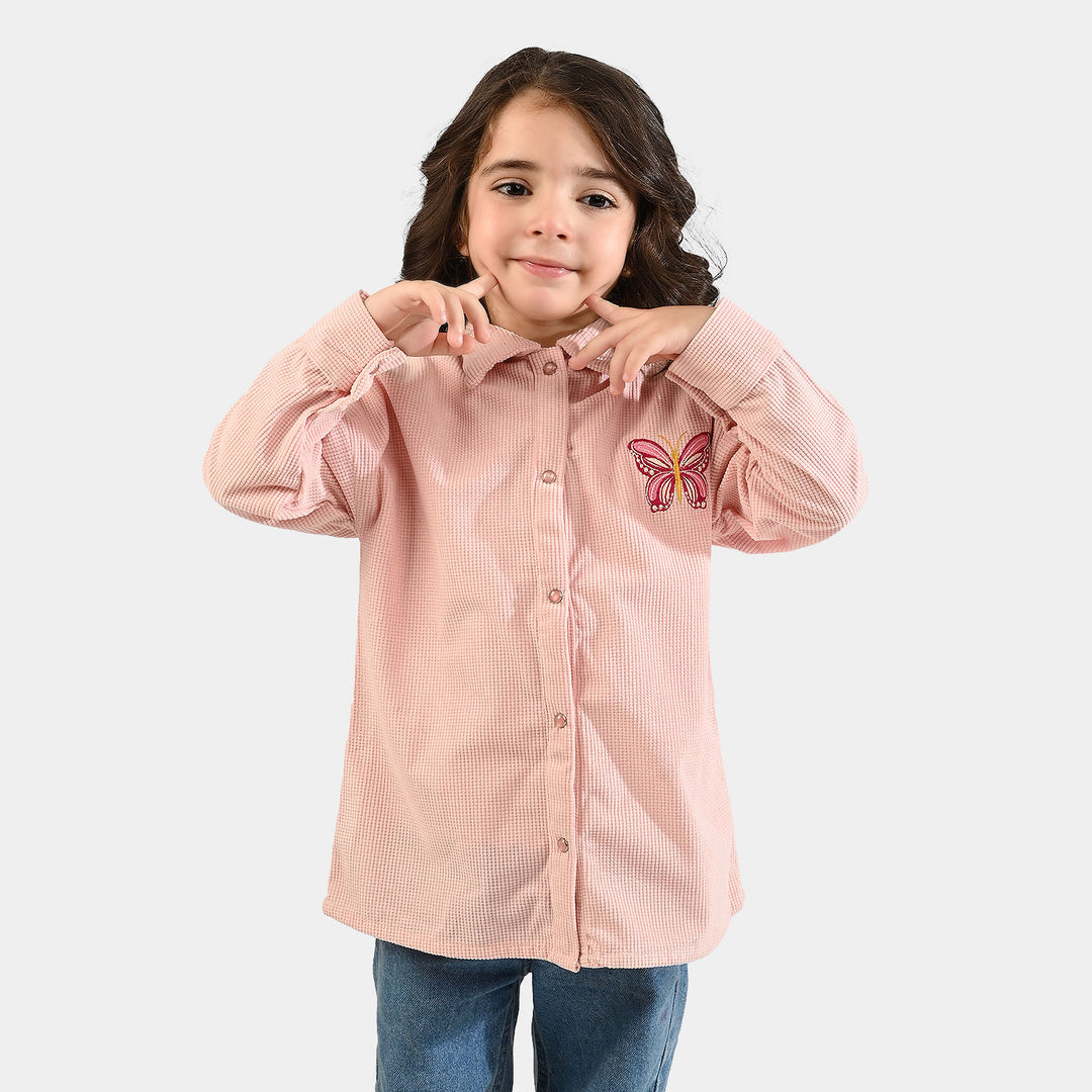 Girls Poly Crinkle Emb Top Butterfly - Pink