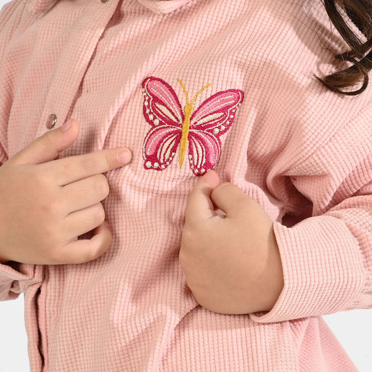 Girls Poly Crinkle Emb Top Butterfly - Pink
