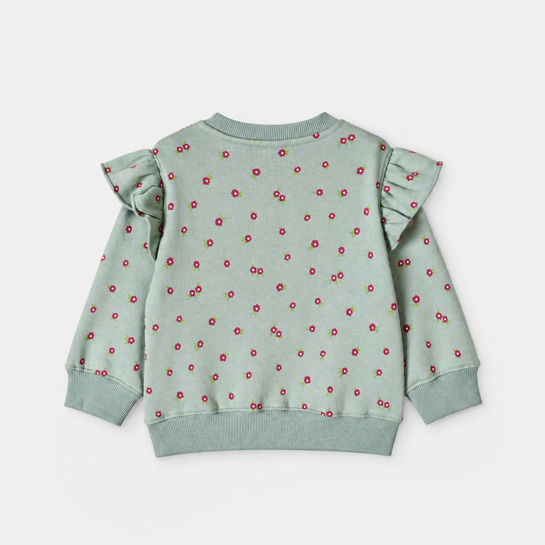 Girls Fleece Sweatshirt Flowers Pattern- Sea Green