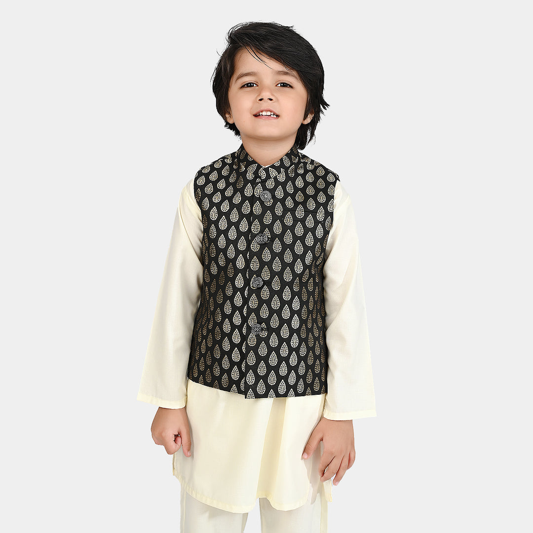 Boys Poly Viscose Waistcoat (Golden Motif))-BLACK