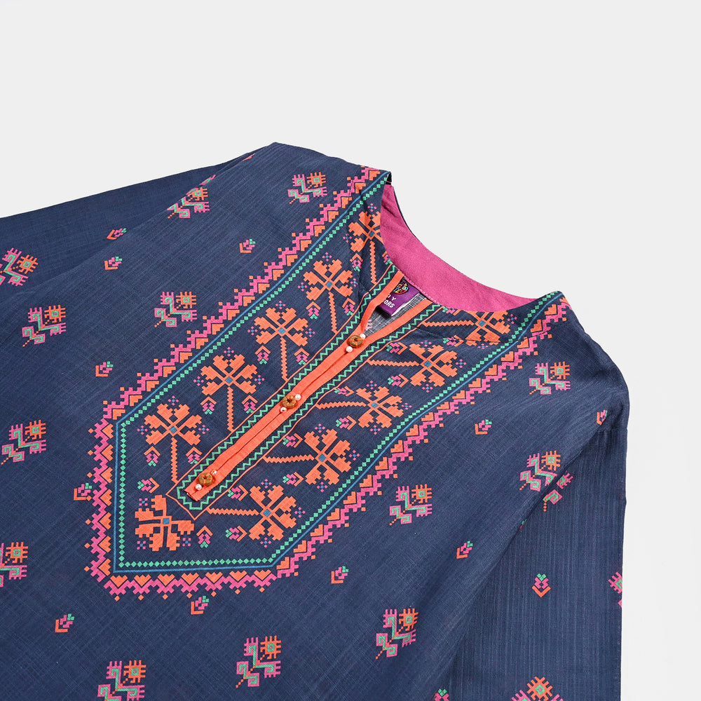 Girls Cotton Slub Printed Kurti Pixel Funk-Blue