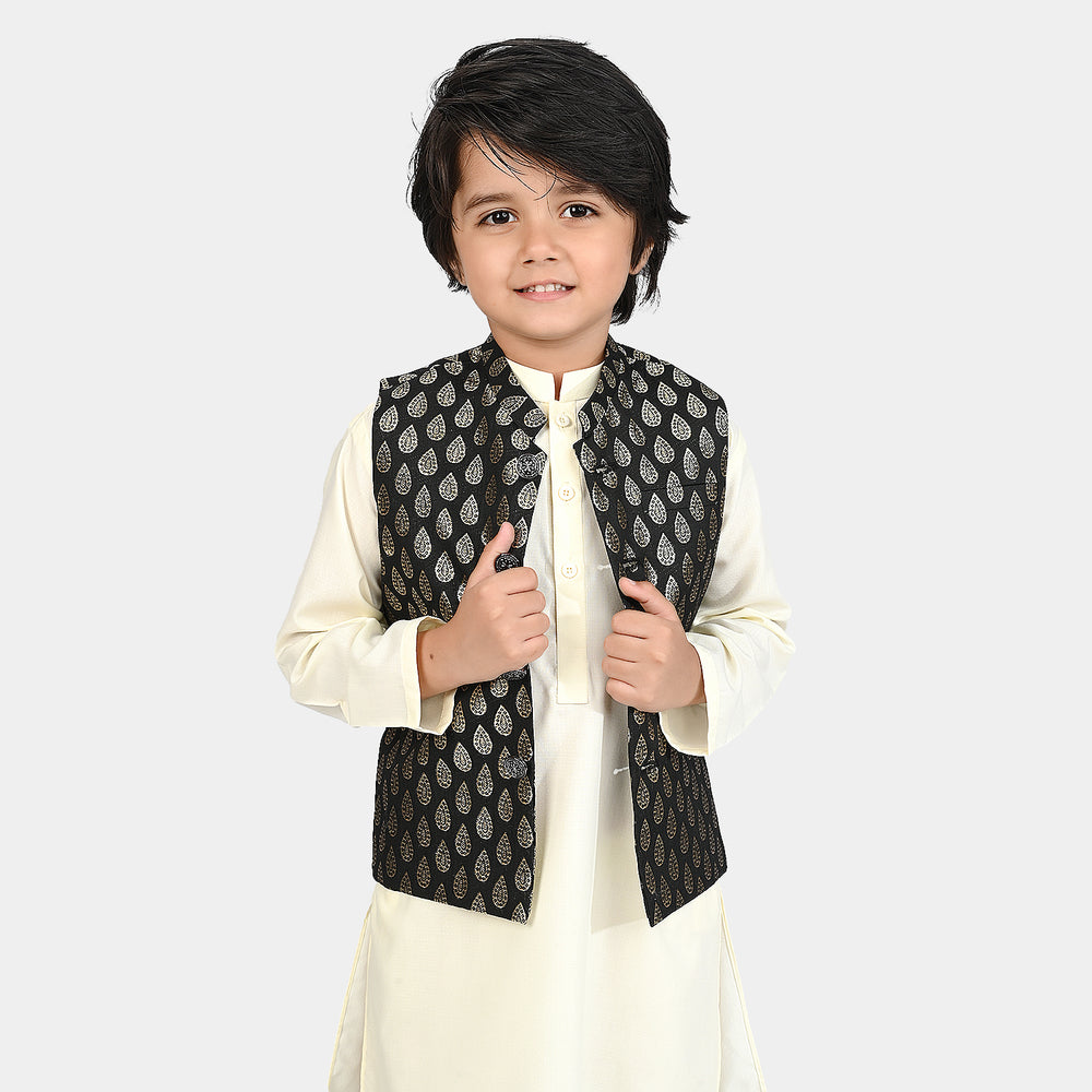 Boys Poly Viscose Waistcoat (Golden Motif))-BLACK