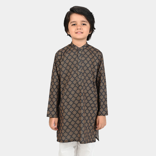 Boys Cotton Slub Printed Kurta (Indi Motif) -BLACK