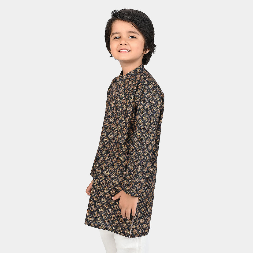 Boys Cotton Slub Printed Kurta (Indi Motif) -BLACK