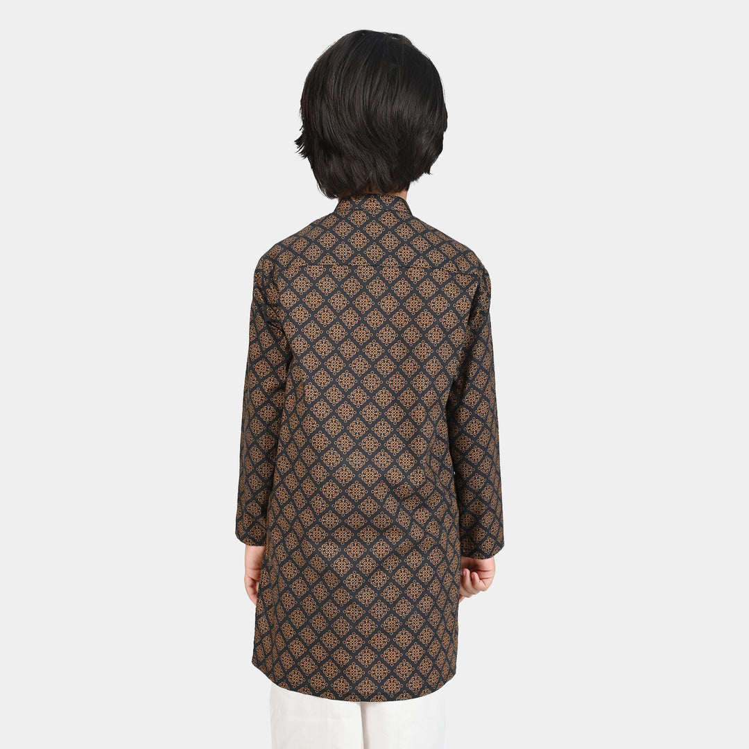 Boys Cotton Slub Printed Kurta (Indi Motif) -BLACK
