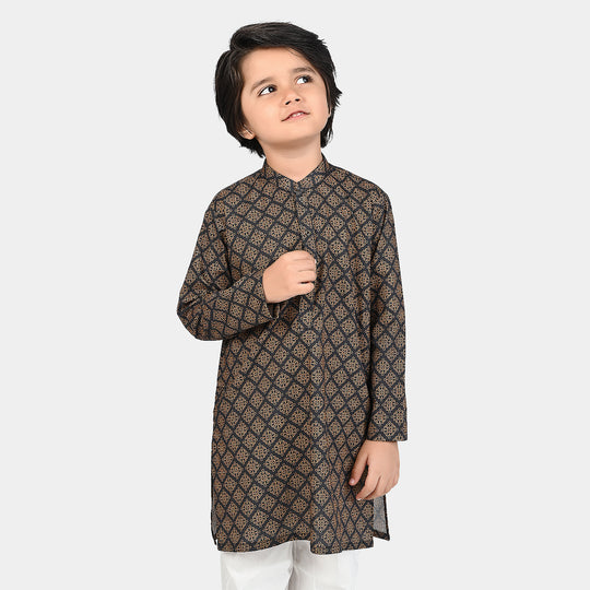 Boys Cotton Slub Printed Kurta (Indi Motif) -BLACK