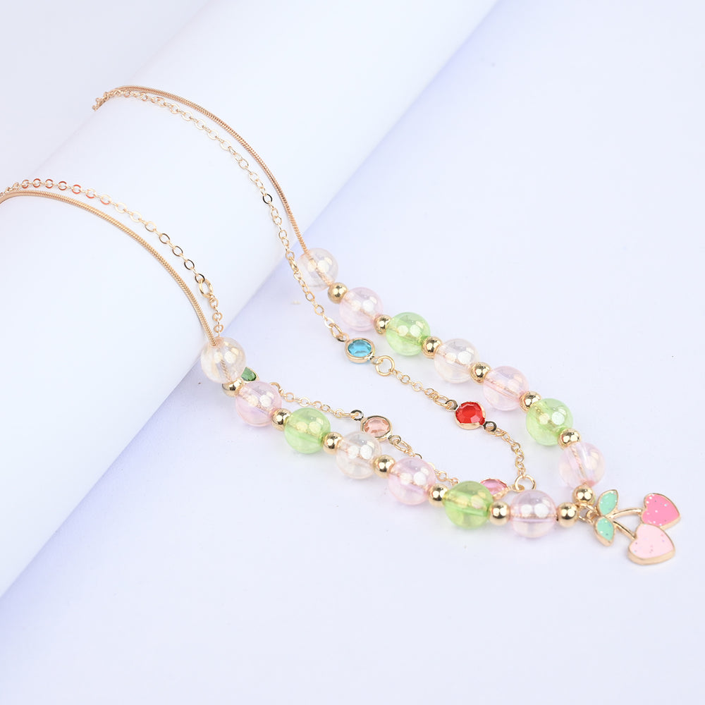 2-in-1 Chain Beads Pink Cherry Pendant Necklace