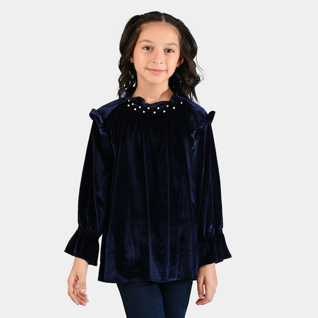 Girls Velvet Emb Top Pearls-Navy Blue