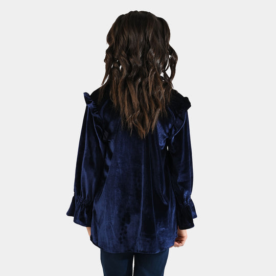 Girls Velvet Emb Top Pearls-Navy Blue