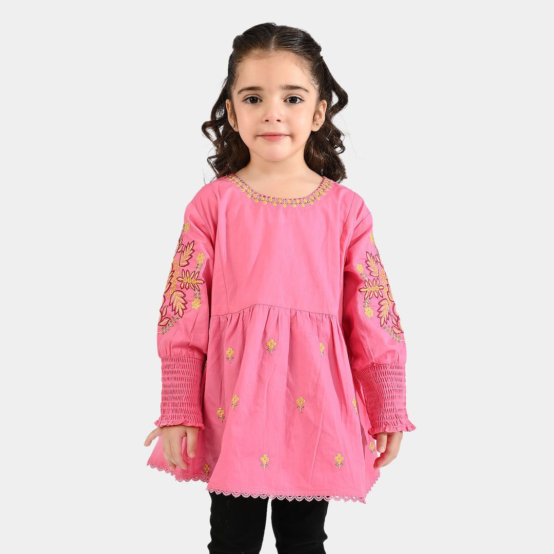 Girls Cotton Poplin Emb Top Pink Candy-Shock.Pink