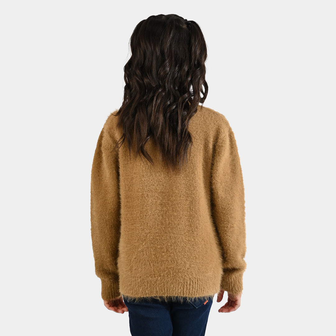 Girls Feather  Yarn Sweater-Feather-Light Brown