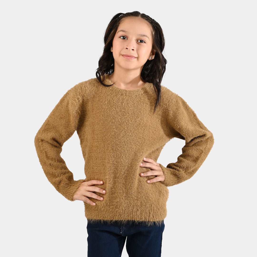 Girls Feather  Yarn Sweater-Feather-Light Brown