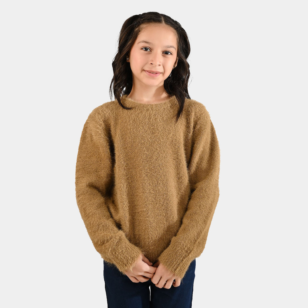 Girls Feather  Yarn Sweater-Feather-Light Brown