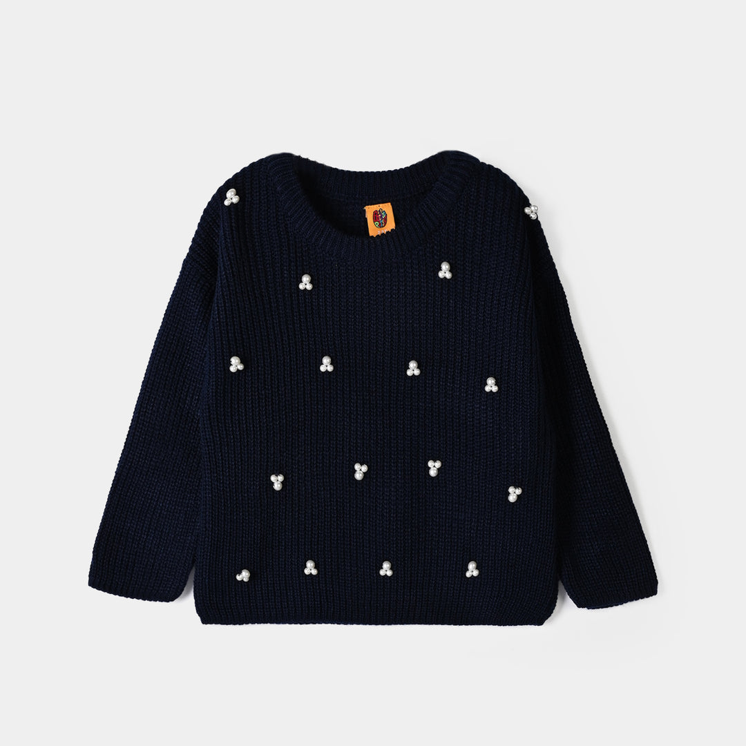 Girls Acrylic Sweater-Pearls - Navy Blue