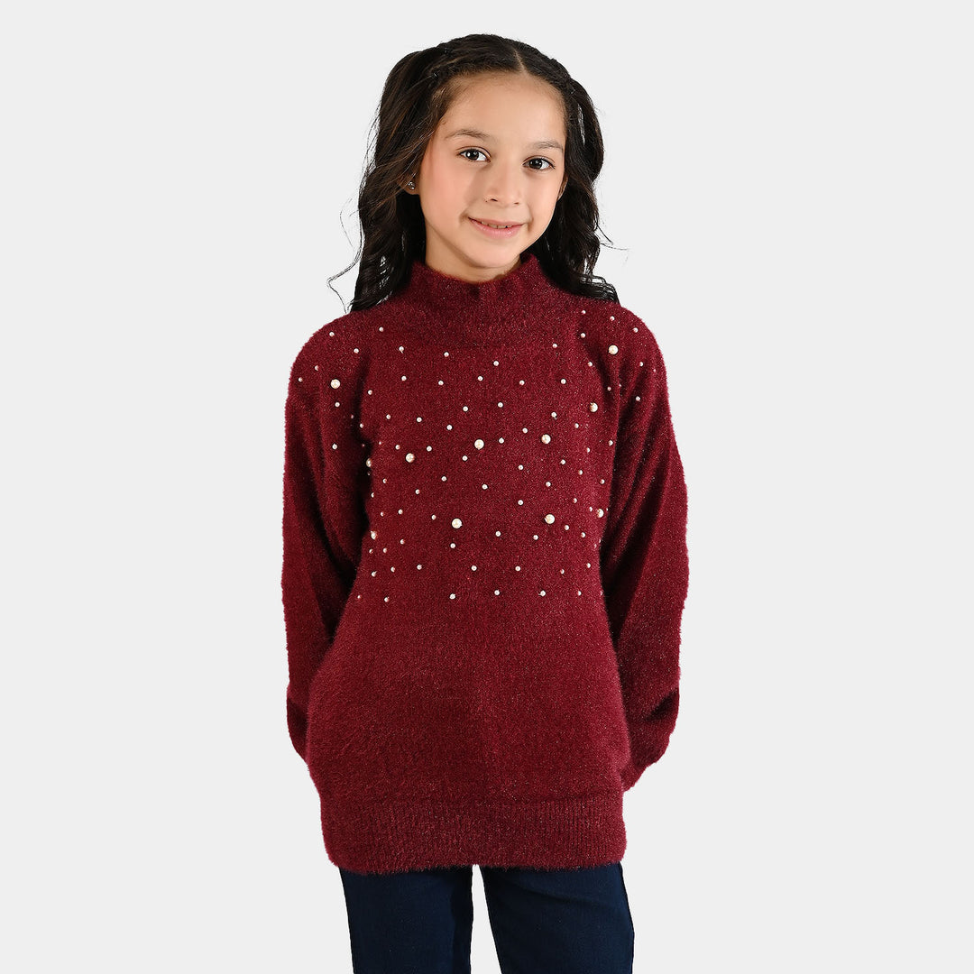 Girls Acrylic-Crystal Feather Sweater-Feather Pearls-MAROON