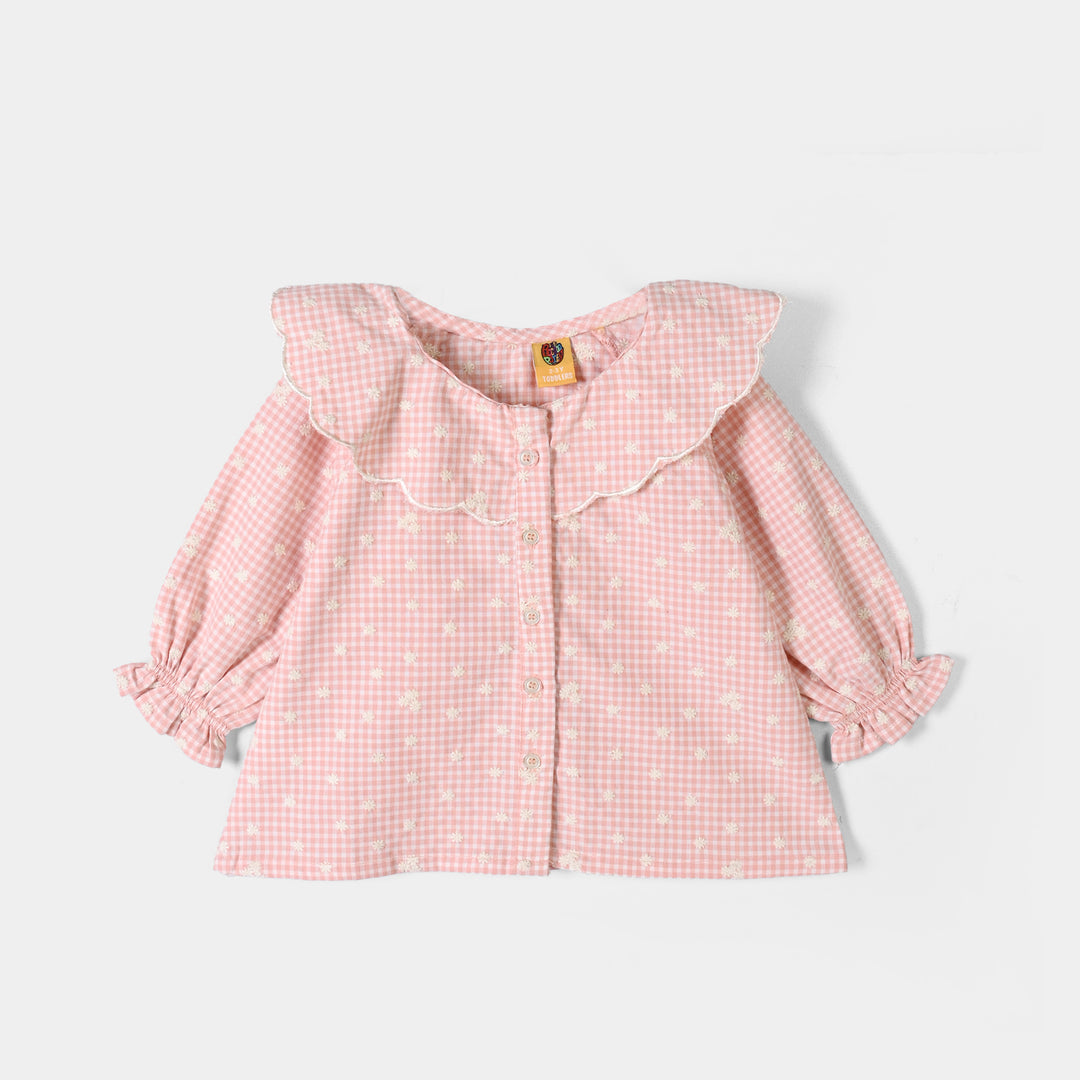 Girls Emb Top Floral Check - Peach