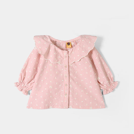 Girls Emb Top Floral Check - Peach