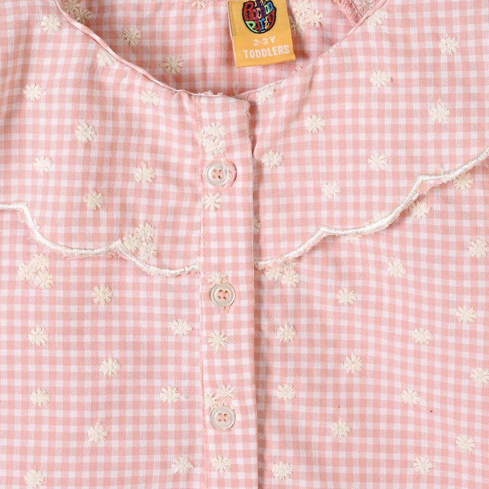 Girls Emb Top Floral Check - Peach