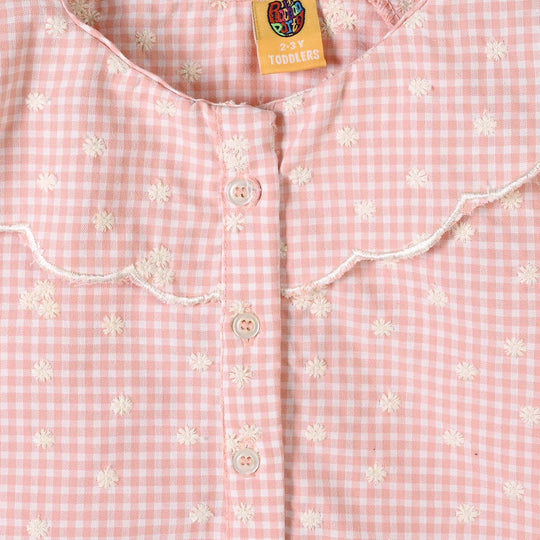 Girls Emb Top Floral Check - Peach