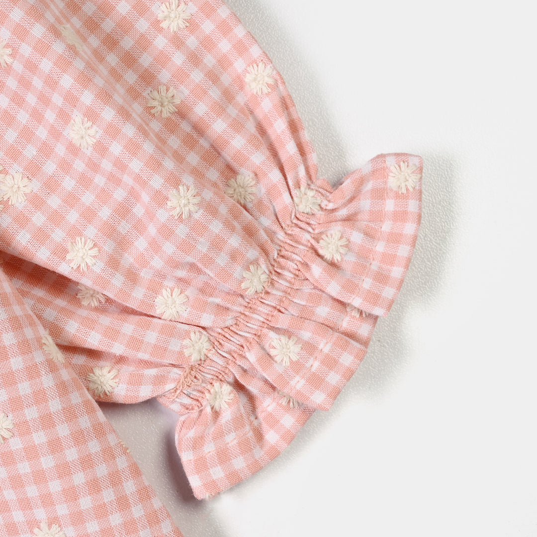 Girls Emb Top Floral Check - Peach