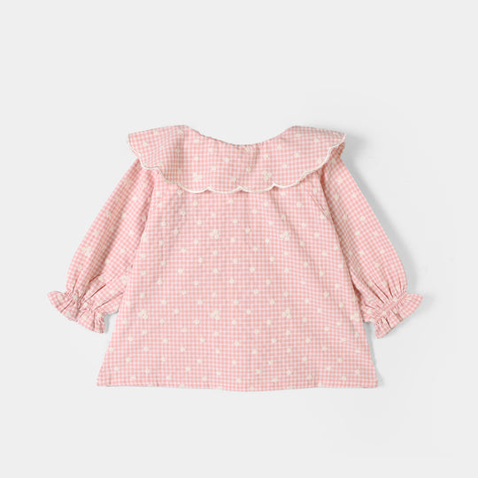 Girls Emb Top Floral Check - Peach