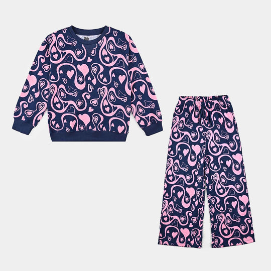 Girls Cotton Terry 2 Piece Suit Hearts) - Navy Blue