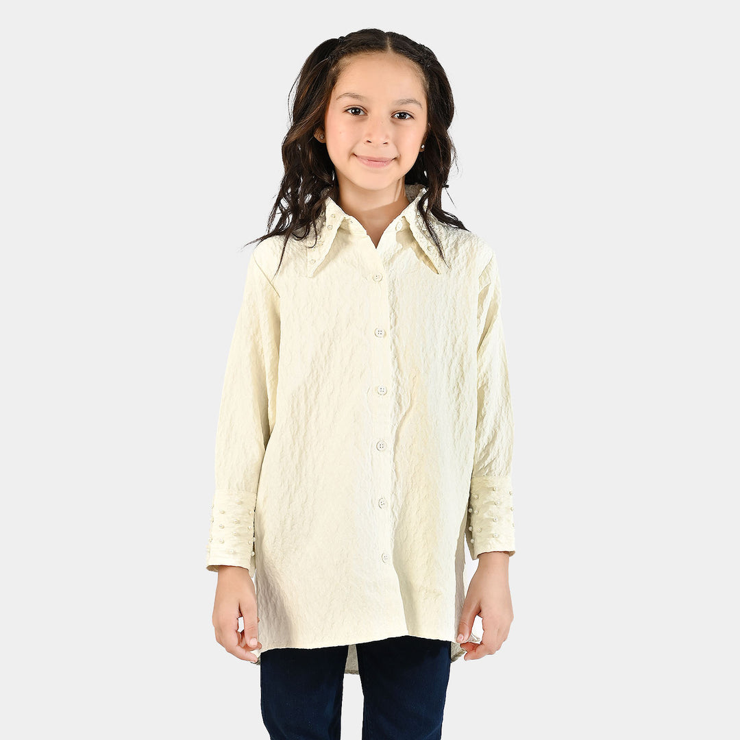 Girls Poly Crinkle Emb Top-White