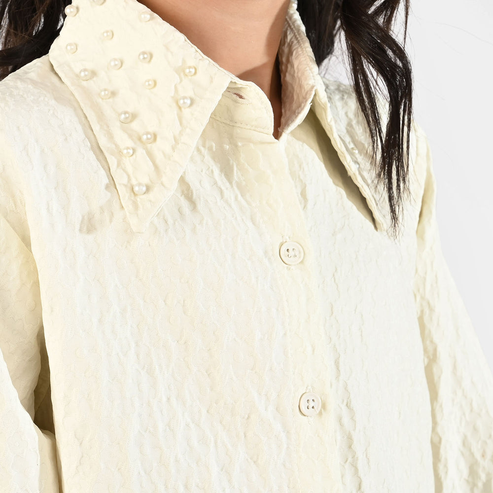 Girls Poly Crinkle Emb Top-White