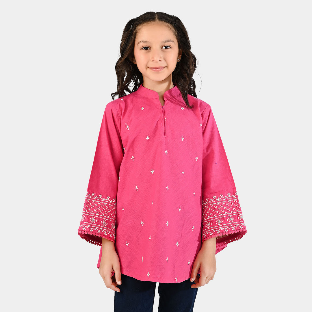Girls Cotton Slub Emb Top-Pink