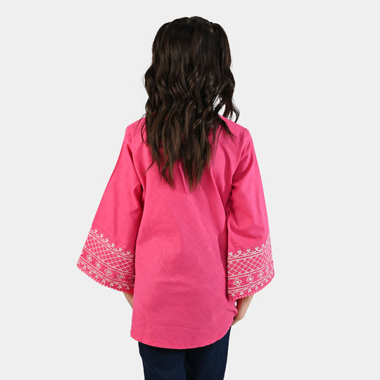 Girls Cotton Slub Emb Top-Pink