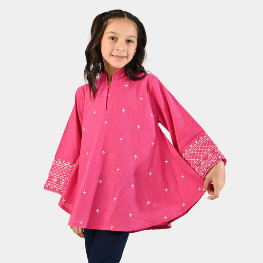 Girls Cotton Slub Emb Top-Pink
