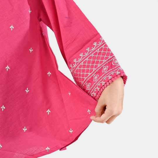 Girls Cotton Slub Emb Top-Pink