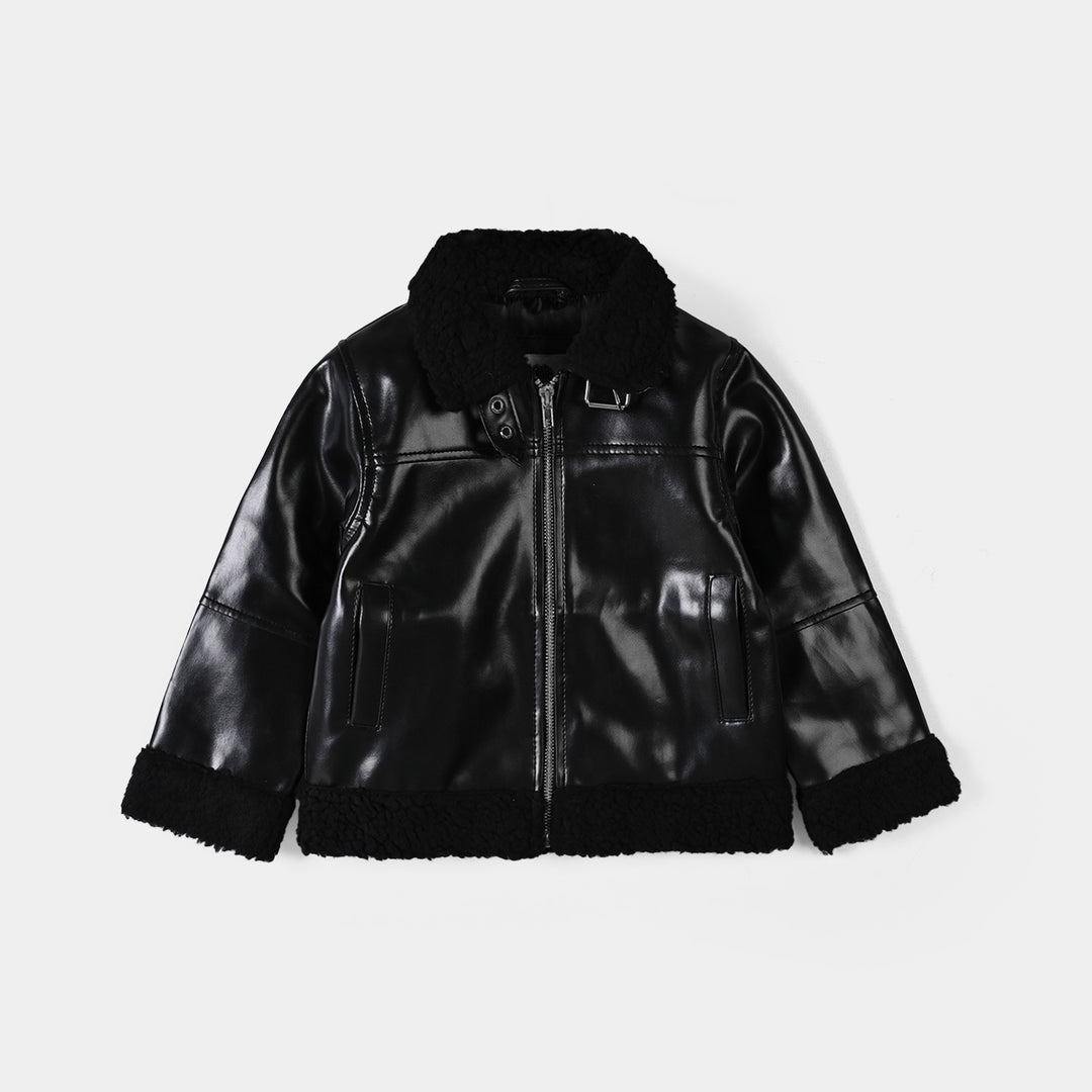 Girls PU Jacket Sherpa Hem - BLACK