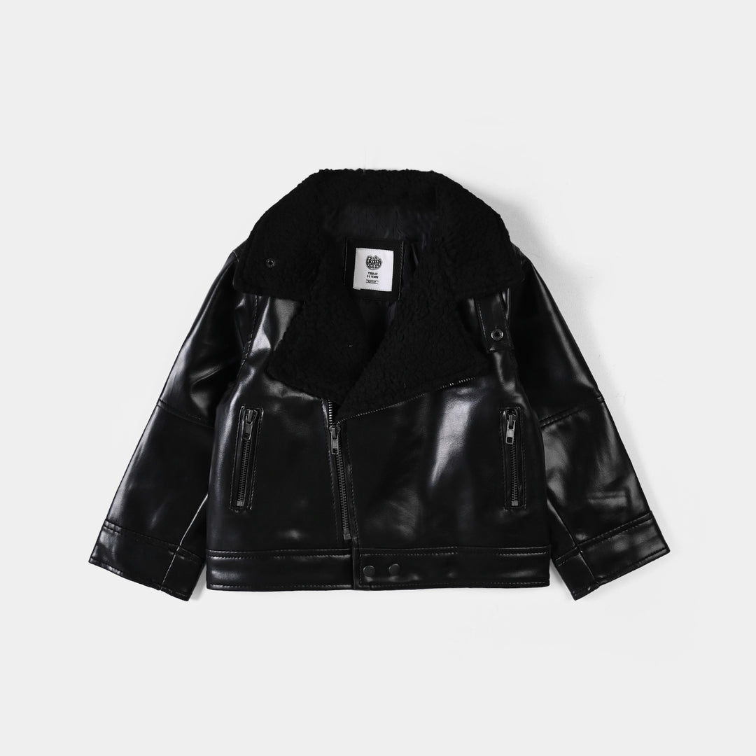 Boys PU Jacket Sherpa Collar - BLACK