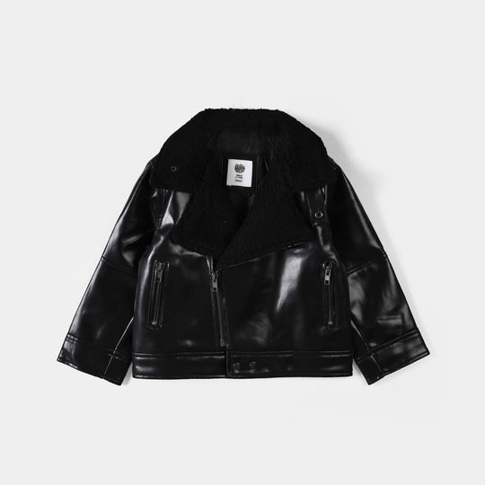 Boys PU Jacket Sherpa Collar - BLACK