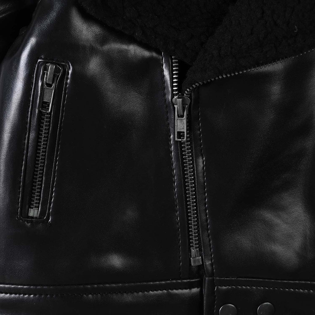 Boys PU Jacket Sherpa Collar - BLACK