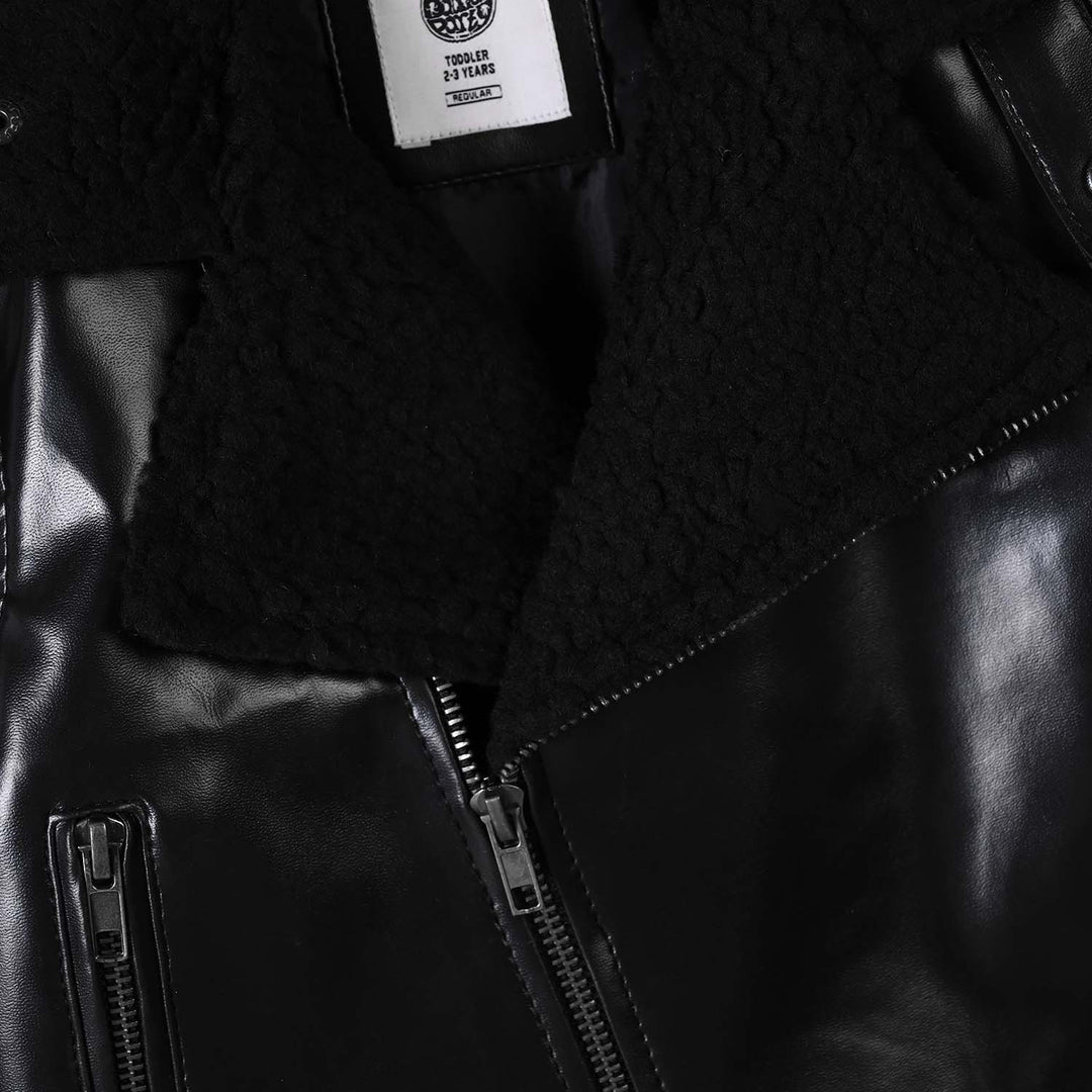 Boys PU Jacket Sherpa Collar - BLACK