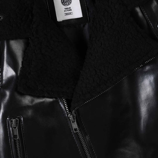 Boys PU Jacket Sherpa Collar - BLACK