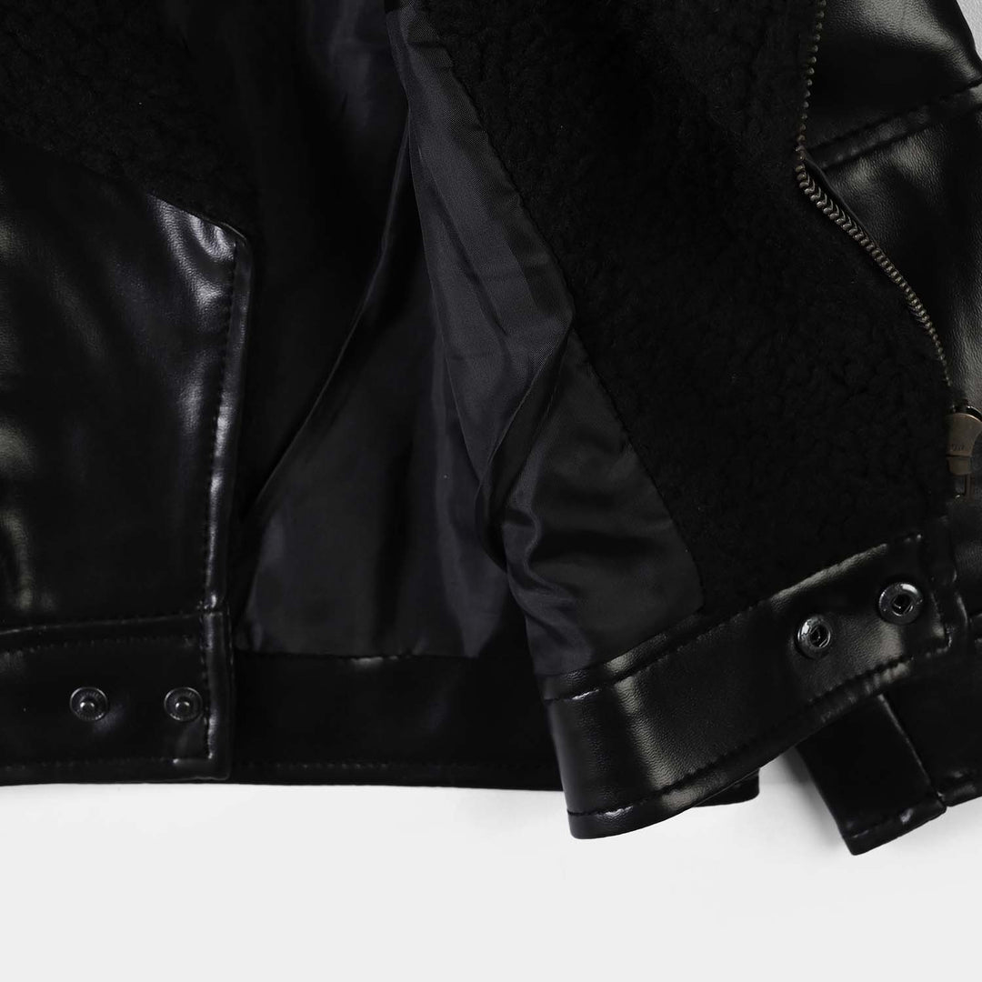 Boys PU Jacket Sherpa Collar - BLACK
