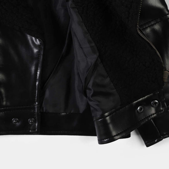 Boys PU Jacket Sherpa Collar - BLACK