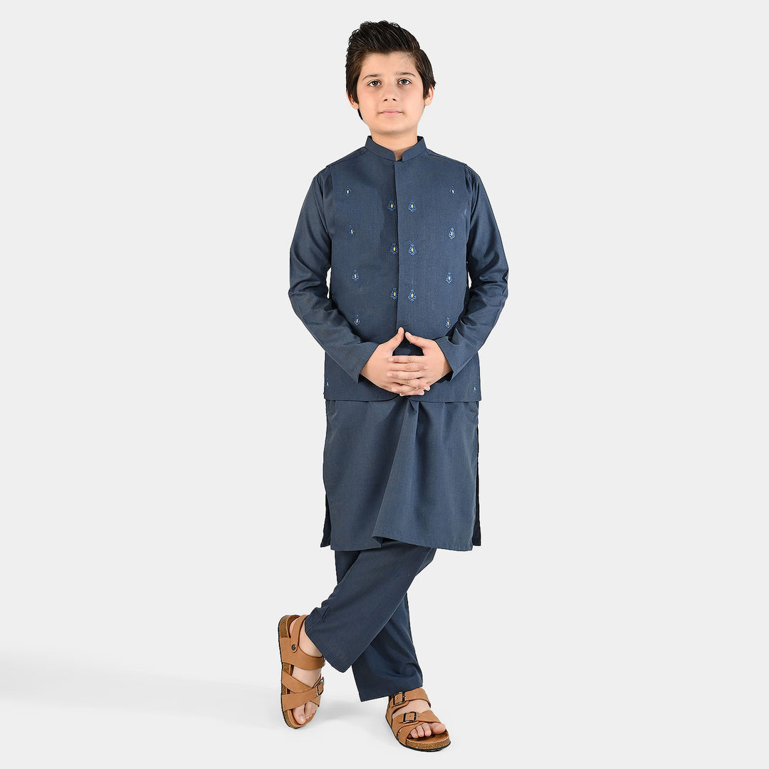 Boys Poly Viscose 3 Piece Suit (Monotone)-Blue