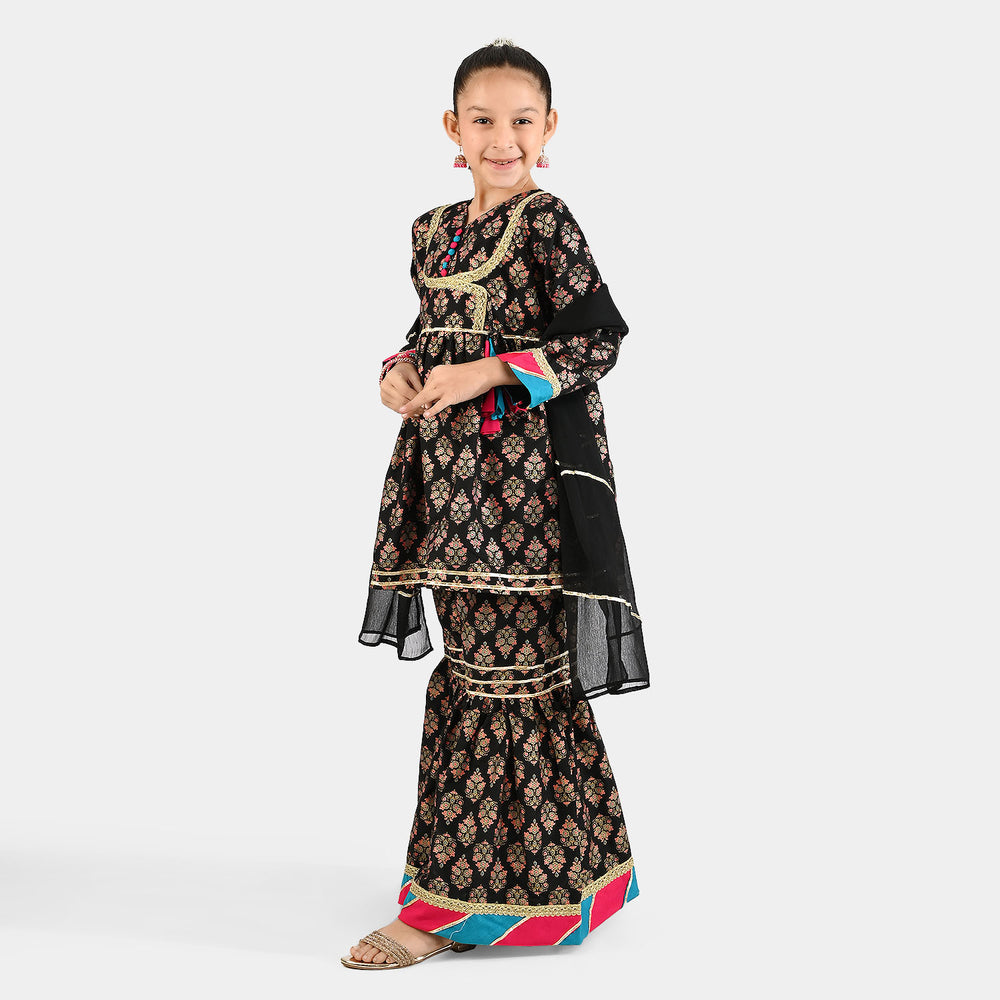 Girls Raw Silk 3Pcs (Gulzar-E-Noor) - Black