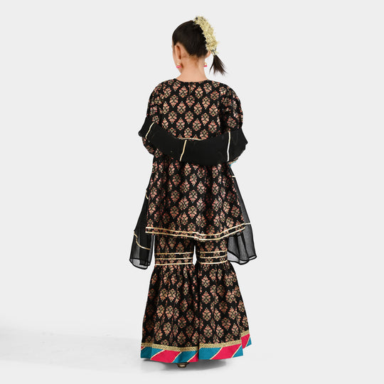 Girls Raw Silk 3Pcs (Gulzar-E-Noor) - Black