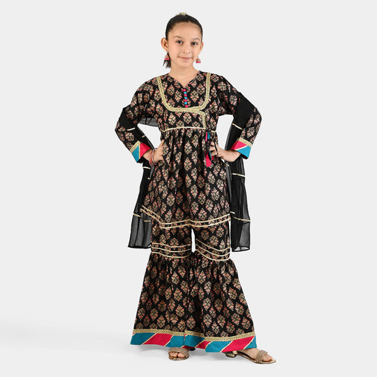 Girls Raw Silk 3Pcs (Gulzar-E-Noor) - Black