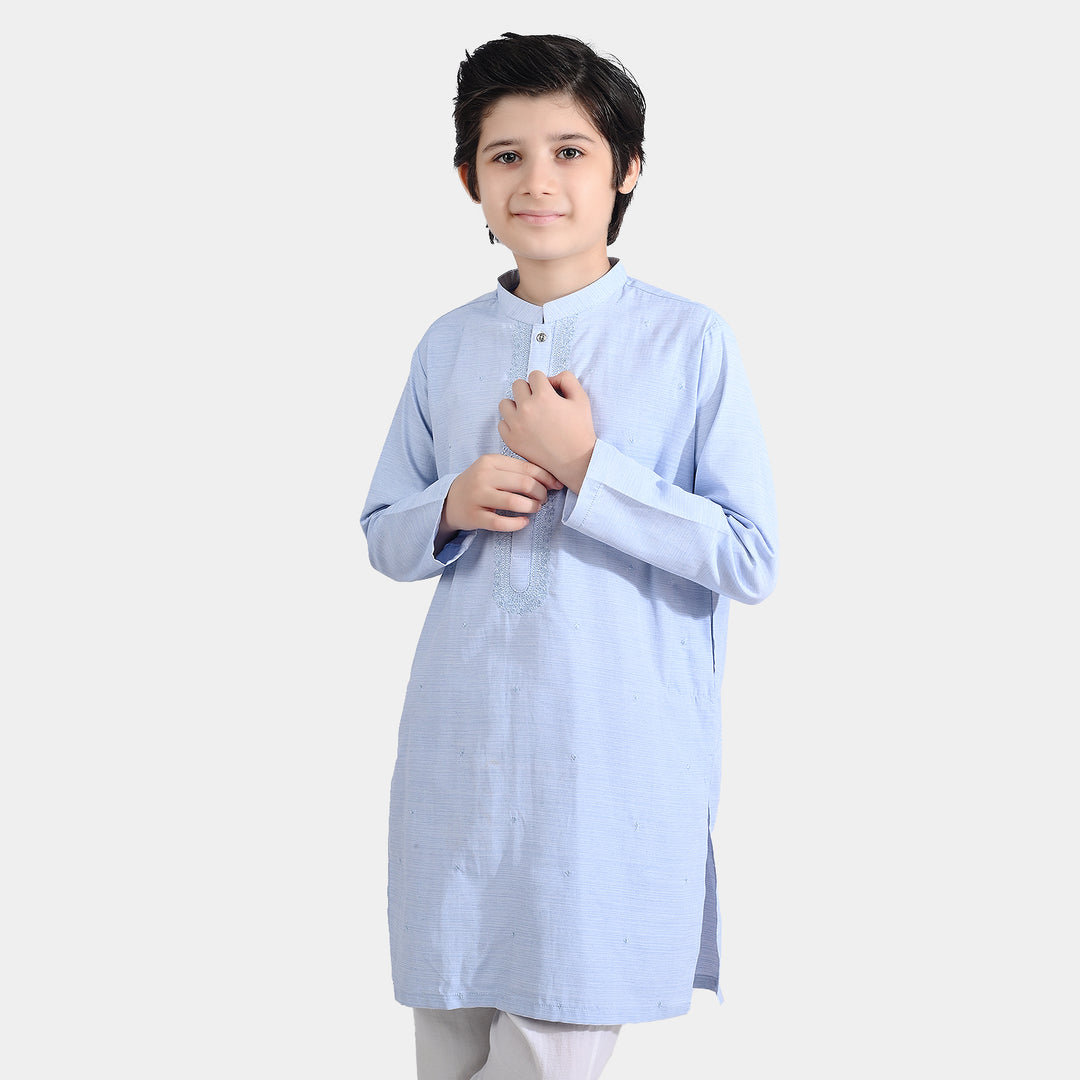 Boys Poly Viscose Embroidered Kurta (Slub EMB)-L.Blue