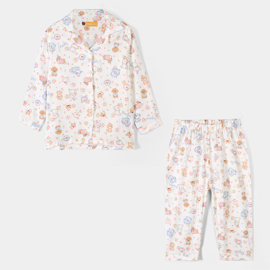 Girls Linen Viscose Nightwear - Friends - White
