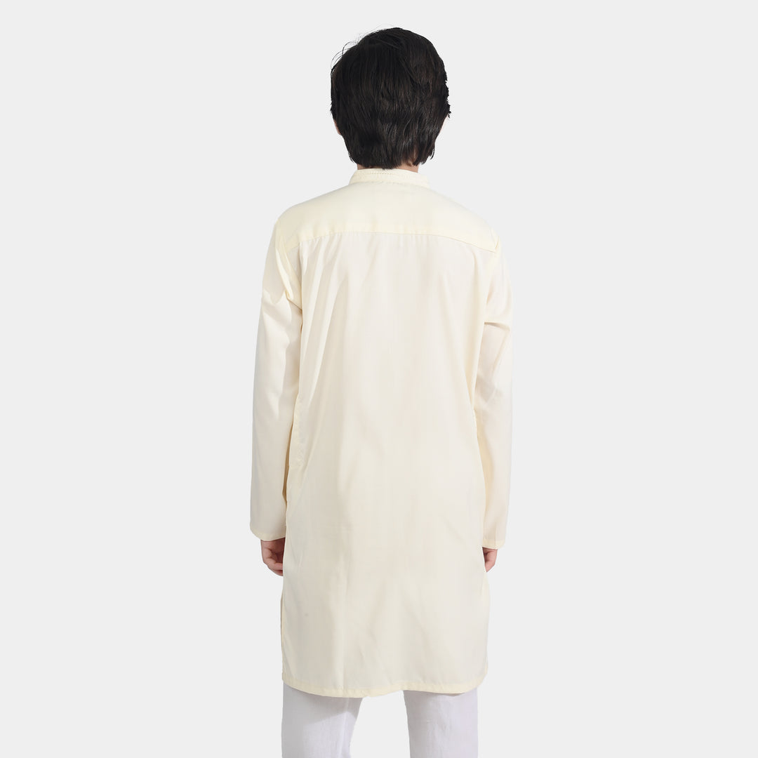Boys Poly Viscose Embroidered Kurta (Contrast EMB)-Cream