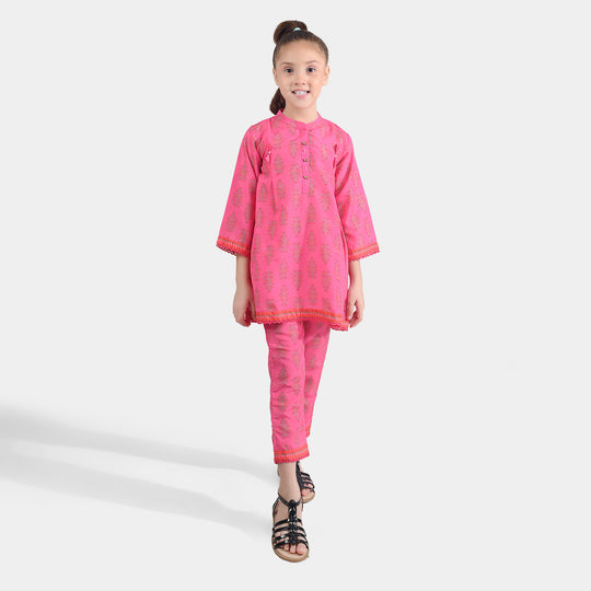 Girls Poly Cambric Printed 2 Pcs Set (Bliss) - Pink